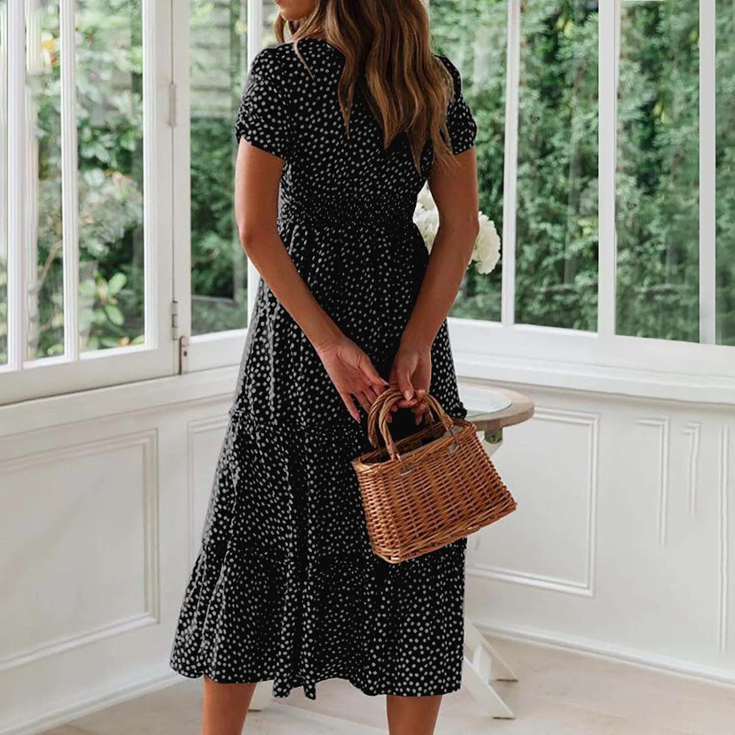 Women's Summer Boho Floral Dress Fashion Pleated Multi-Layer Ruffle Trim Long Dress Beach Vacation Outfits