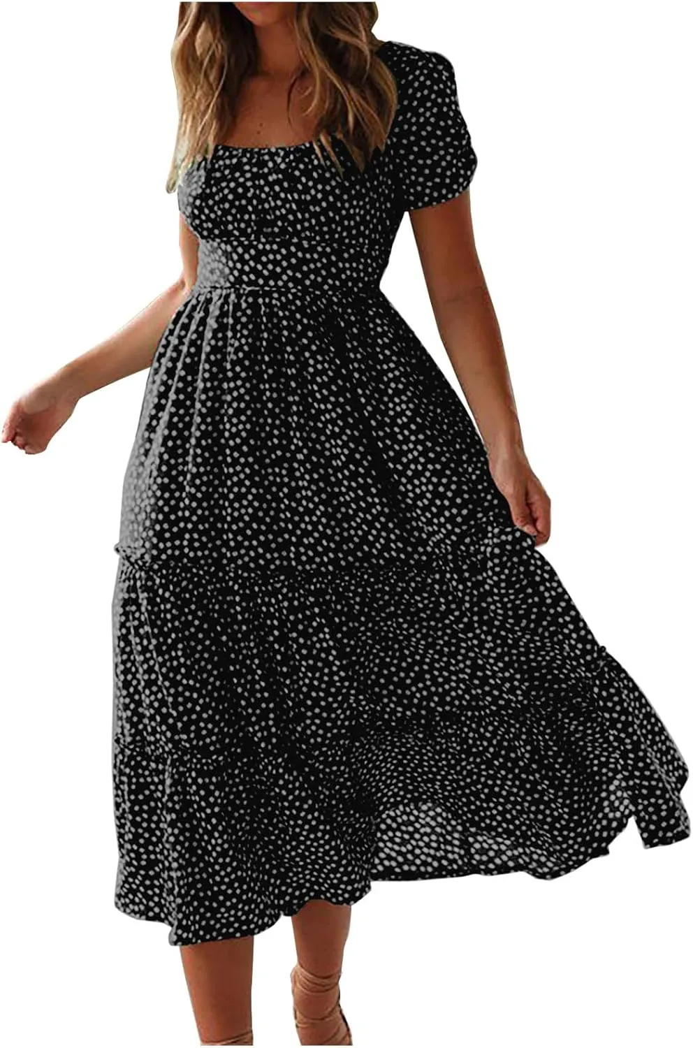 Women's Summer Boho Floral Dress Fashion Pleated Multi-Layer Ruffle Trim Long Dress Beach Vacation Outfits