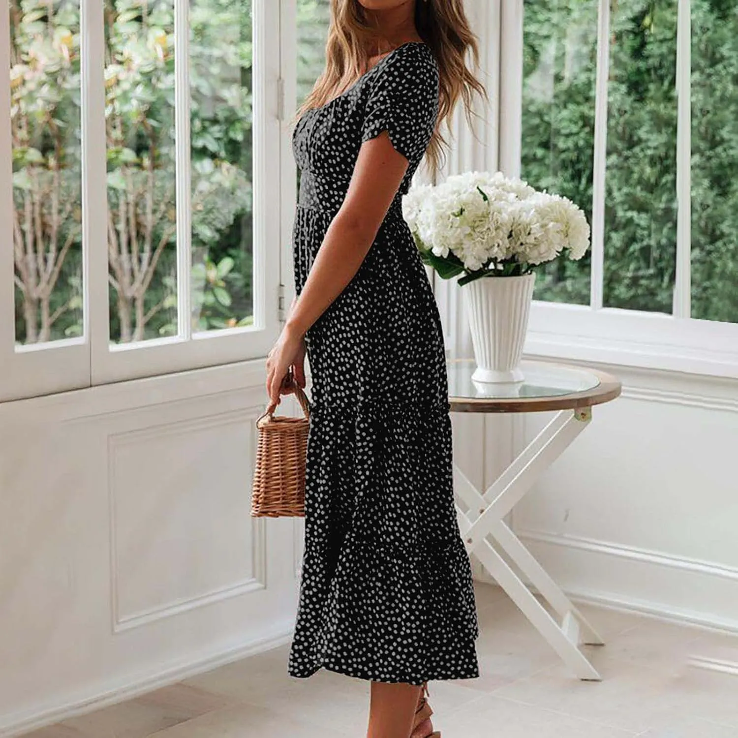 Women's Summer Boho Floral Dress Fashion Pleated Multi-Layer Ruffle Trim Long Dress Beach Vacation Outfits