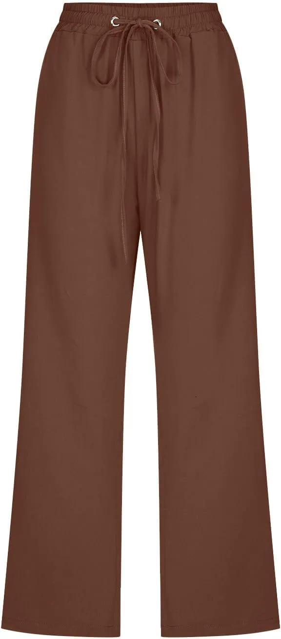Womens Summer Capri Pants Casual Cotton Linen Tapered High Waist Drawstring Cinch Bottom Loose Trouser with Pockets