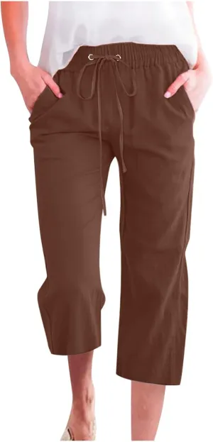 Womens Summer Capri Pants Casual Cotton Linen Tapered High Waist Drawstring Cinch Bottom Loose Trouser with Pockets