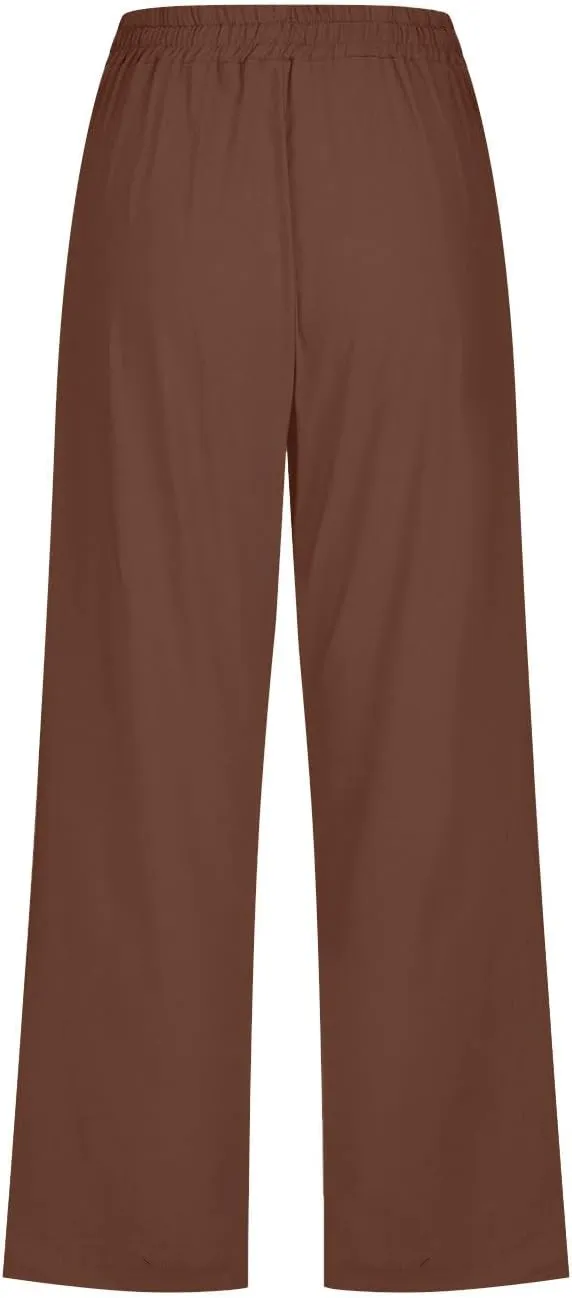 Womens Summer Capri Pants Casual Cotton Linen Tapered High Waist Drawstring Cinch Bottom Loose Trouser with Pockets