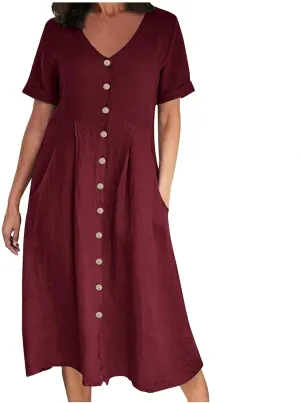 Women's Summer Casual Cotton Linen Midi Dress Plus Size Short Sleeve Button Up V-Neck Maxi Dress with Pockets