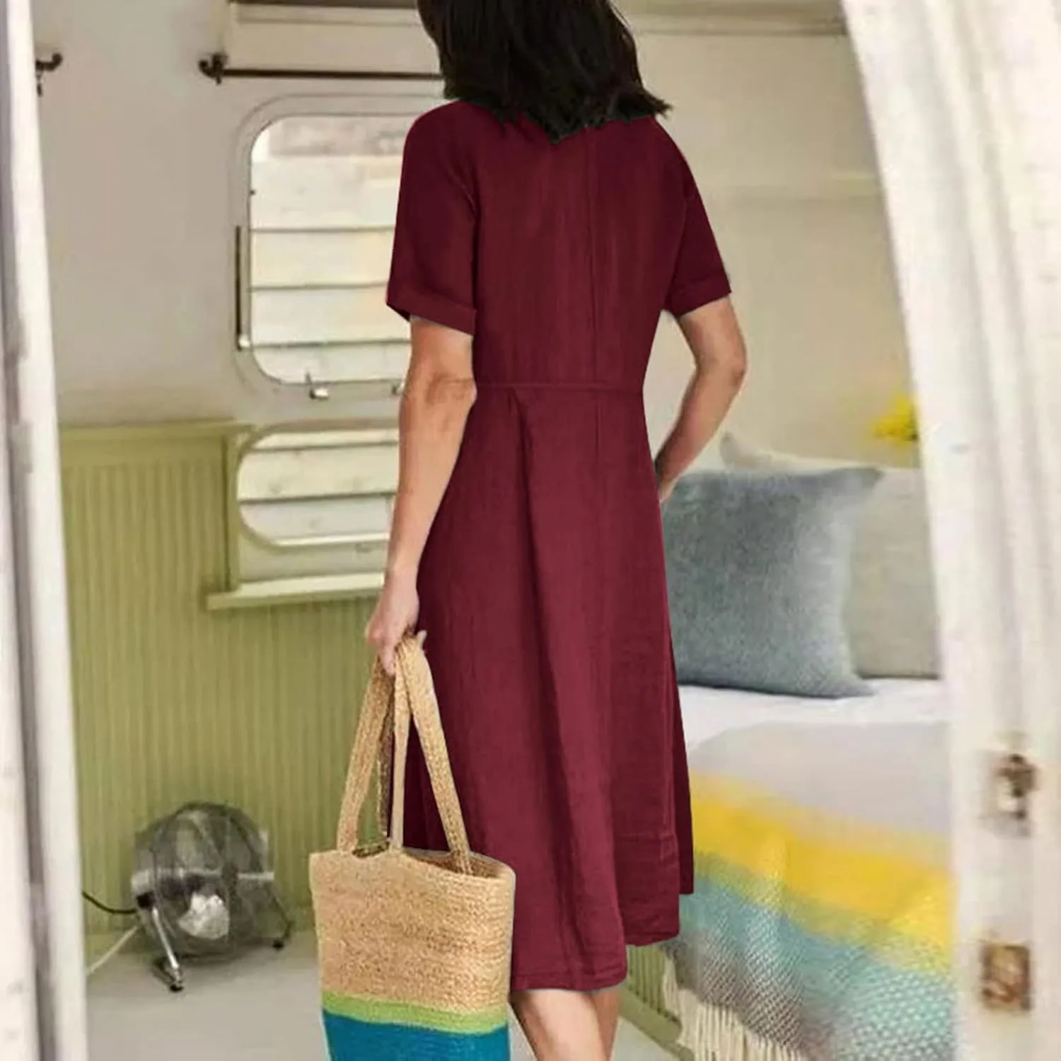 Women's Summer Casual Cotton Linen Midi Dress Plus Size Short Sleeve Button Up V-Neck Maxi Dress with Pockets