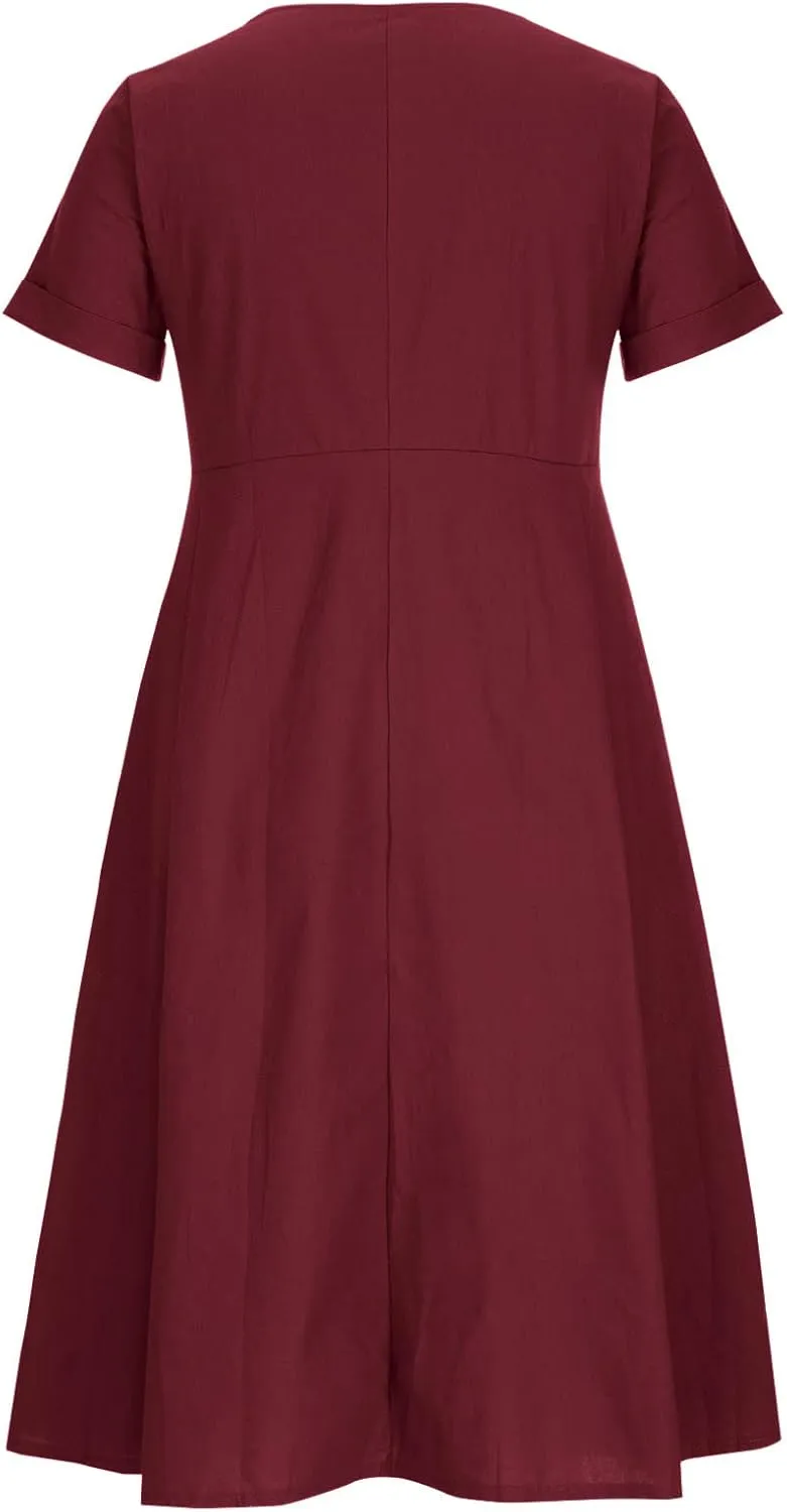 Women's Summer Casual Cotton Linen Midi Dress Plus Size Short Sleeve Button Up V-Neck Maxi Dress with Pockets