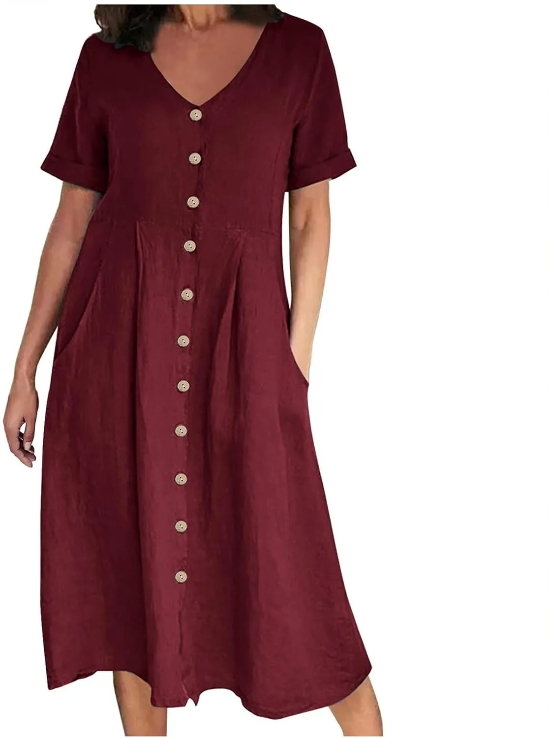 Women's Summer Casual Cotton Linen Midi Dress Plus Size Short Sleeve Button Up V-Neck Maxi Dress with Pockets