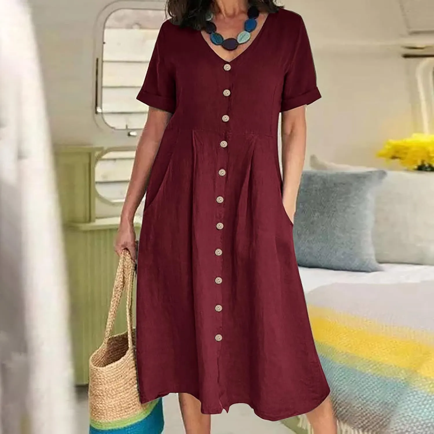 Women's Summer Casual Cotton Linen Midi Dress Plus Size Short Sleeve Button Up V-Neck Maxi Dress with Pockets