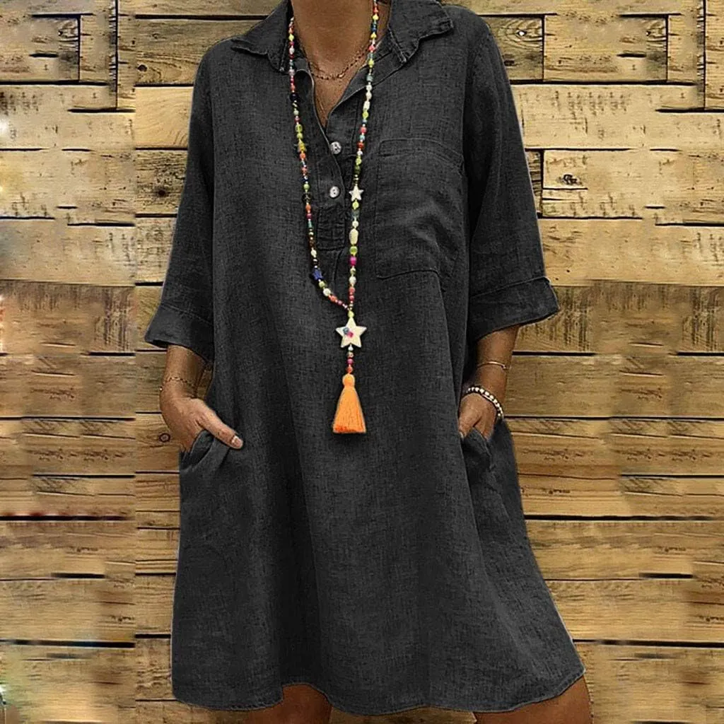 Women's Summer Casual Loose Trendy Short Sleeve Button Down Collar Solid Color Sun Beach Linen Dress, S-5XL