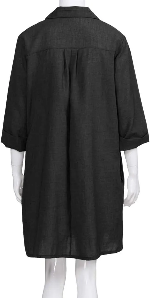 Women's Summer Casual Loose Trendy Short Sleeve Button Down Collar Solid Color Sun Beach Linen Dress, S-5XL