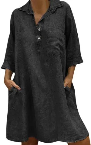 Women's Summer Casual Loose Trendy Short Sleeve Button Down Collar Solid Color Sun Beach Linen Dress, S-5XL