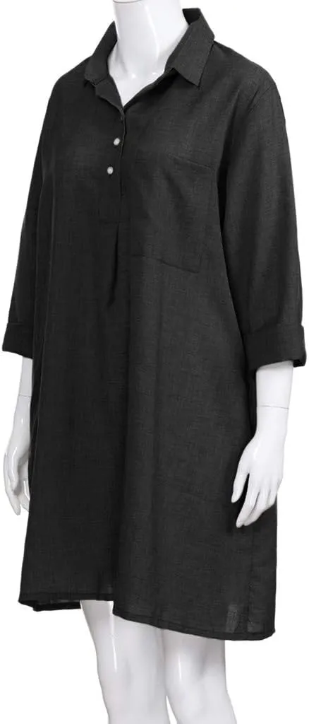 Women's Summer Casual Loose Trendy Short Sleeve Button Down Collar Solid Color Sun Beach Linen Dress, S-5XL