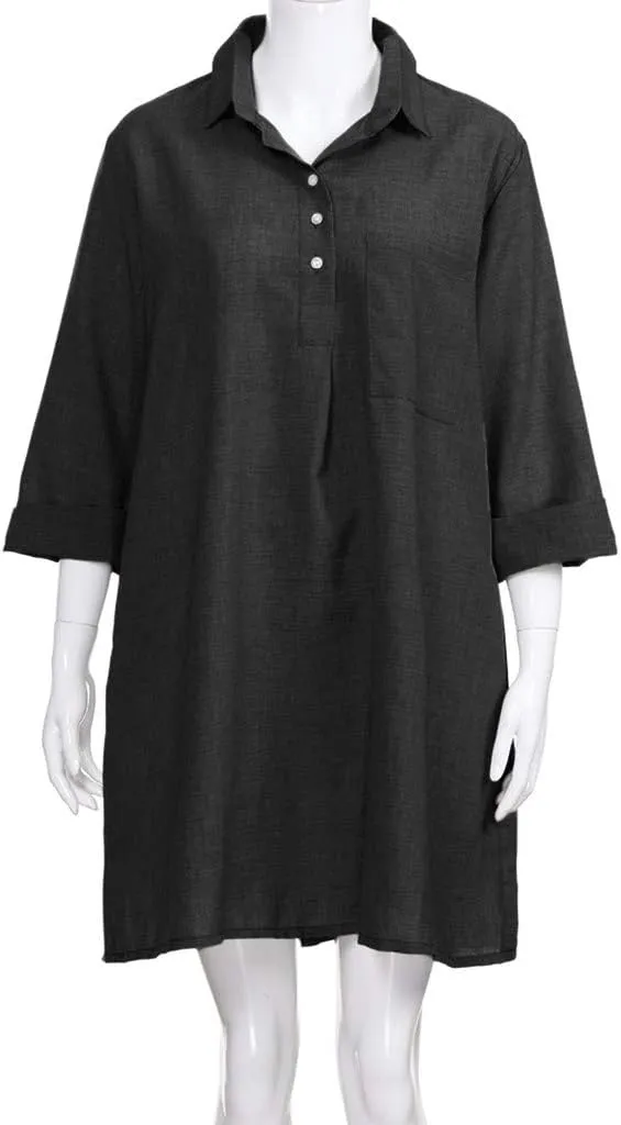 Women's Summer Casual Loose Trendy Short Sleeve Button Down Collar Solid Color Sun Beach Linen Dress, S-5XL