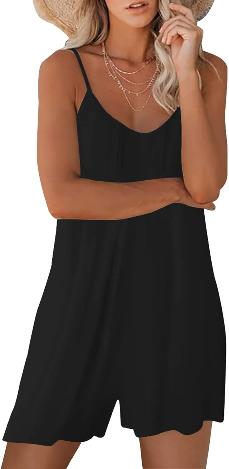 Womens Summer Casual Sleeveless Romper Loose Adjustable Spaghetti Strap Shorts Jumpsuits with Pockets 2025 Clothes