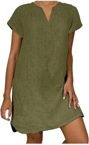 Womens Summer Cotton Linen Dresses Casual V Neck Short Sleeve Midi Dress Floral Embroidery Shirt Dress Plus Size S-5X Deals of The Day 2024 Vacation Sun Dresses Women, Small, Army Green R