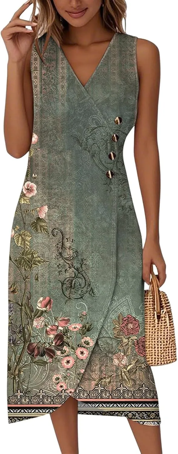 Womens Summer Dresses 2025 Dressy Casual Button V Neck Sleeveless Irregular Hem Long Dress Vacation Outfits