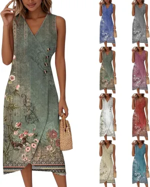 Womens Summer Dresses 2025 Dressy Casual Button V Neck Sleeveless Irregular Hem Long Dress Vacation Outfits