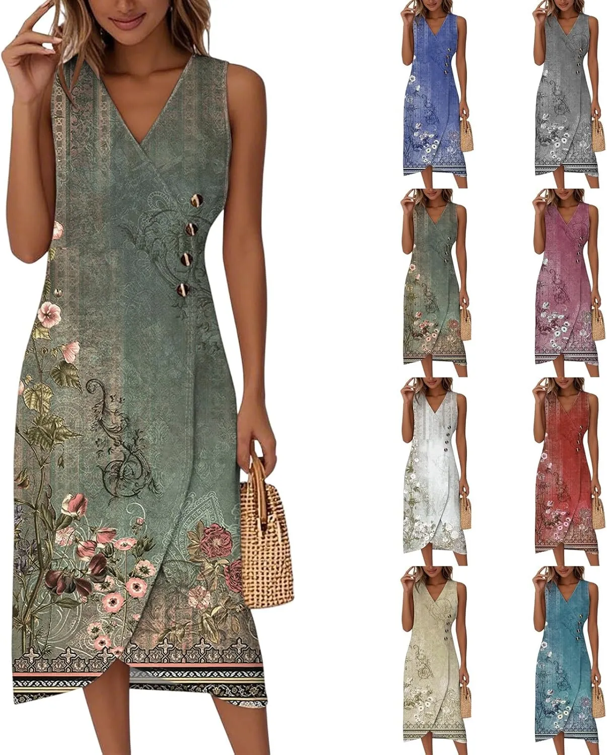 Womens Summer Dresses 2025 Dressy Casual Button V Neck Sleeveless Irregular Hem Long Dress Vacation Outfits