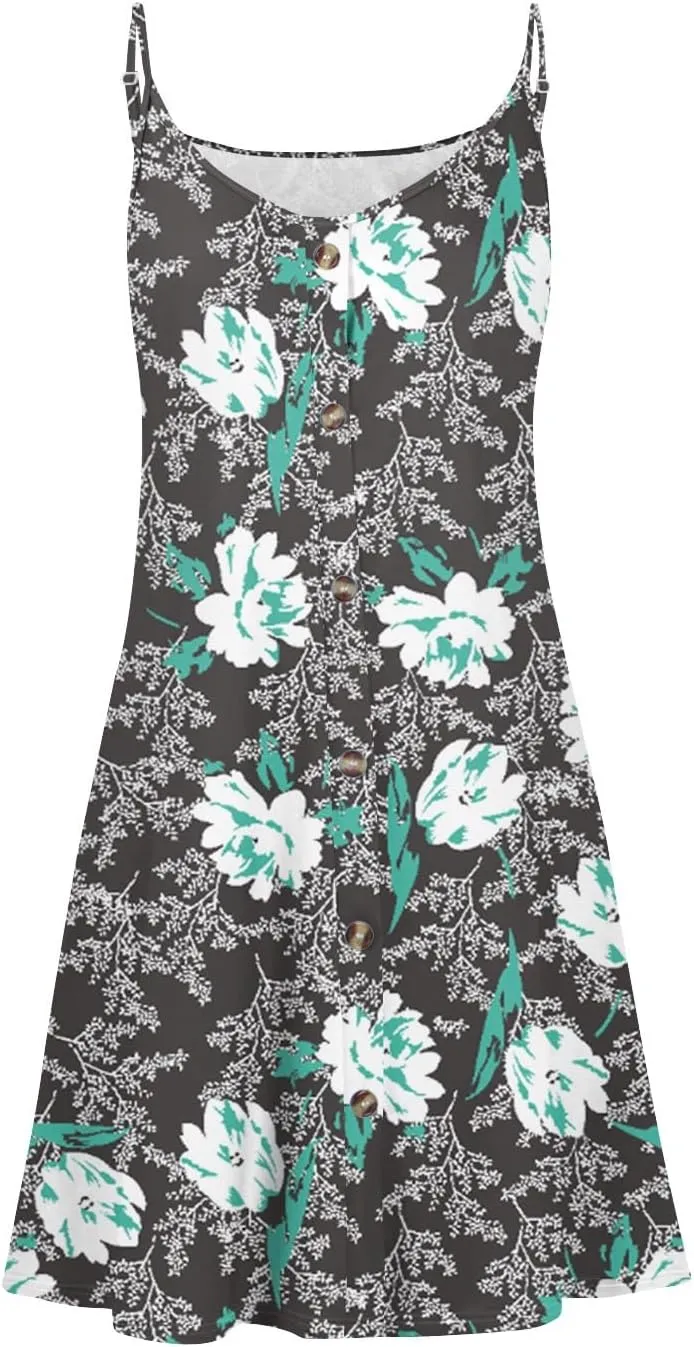 Womens Summer Dresses Beach Floral Sundresses Button Flowy Mini Dress Spaghetti Strap Casual Sleeveless a Line Dress
