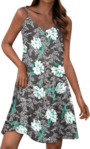 Womens Summer Dresses Beach Floral Sundresses Button Flowy Mini Dress Spaghetti Strap Casual Sleeveless a Line Dress