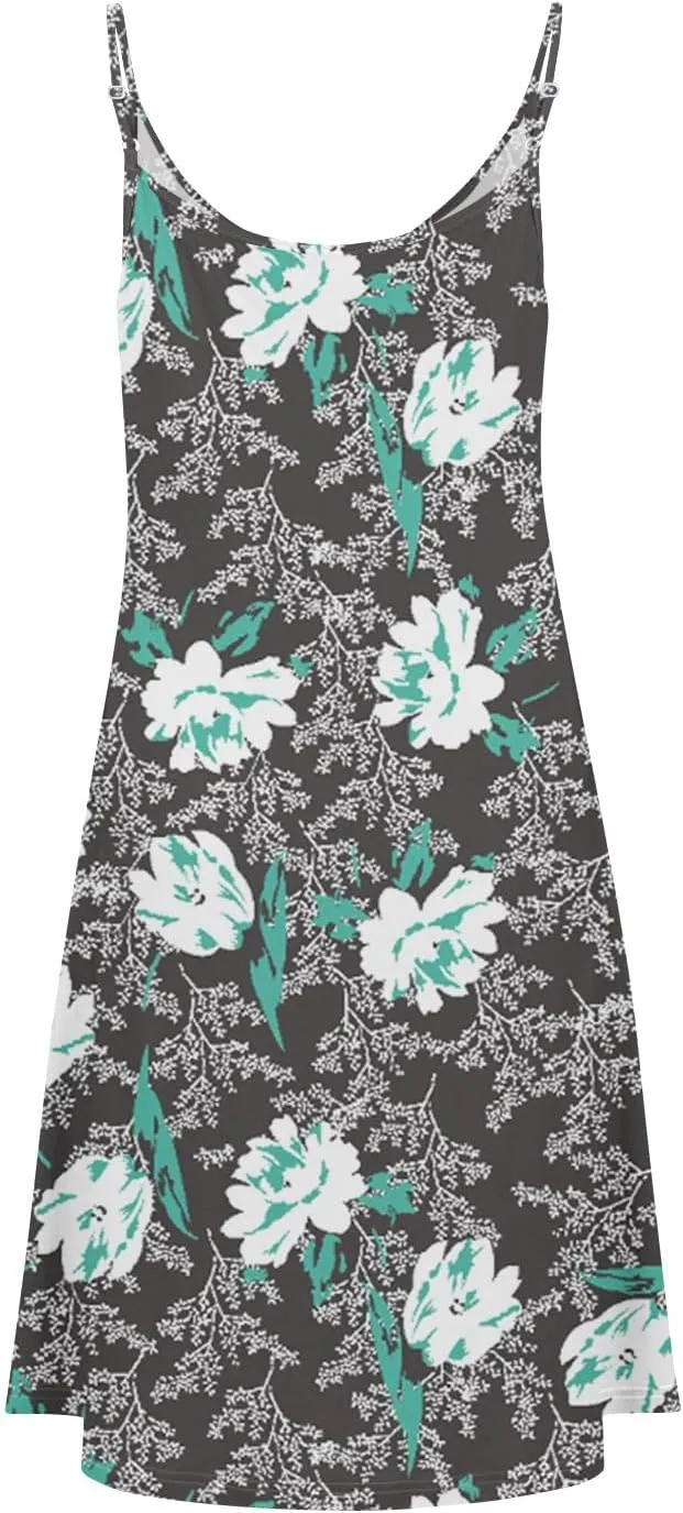 Womens Summer Dresses Beach Floral Sundresses Button Flowy Mini Dress Spaghetti Strap Casual Sleeveless a Line Dress
