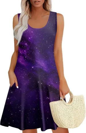 Womens Summer Dresses Casual Beach Vacation Sleeveless Tank Sundresses Boho Hawaiian Dress with Pockets