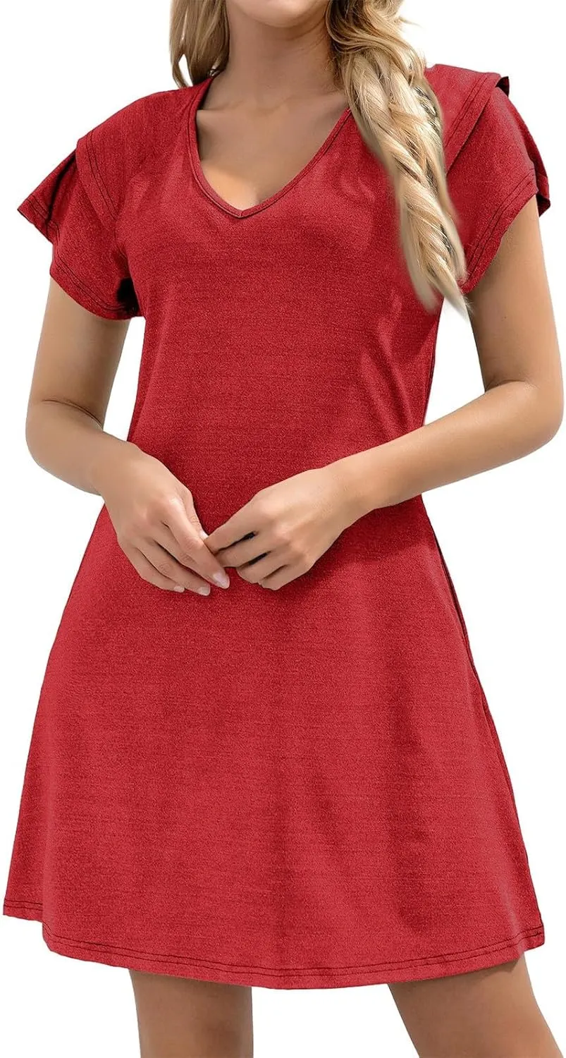Women's Summer Dresses Ruffle Sleeve Sundresses Casual Beach Mini Dresses with Pockets Casual Maxi Dresses for