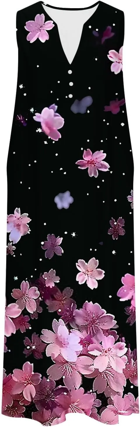 Womens Summer Floral Sundress Fashion Sleeveless Dresses V Neck Pockets Beach Vacation Sun Dress Trendy Print Clothes