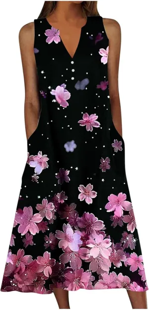 Womens Summer Floral Sundress Fashion Sleeveless Dresses V Neck Pockets Beach Vacation Sun Dress Trendy Print Clothes