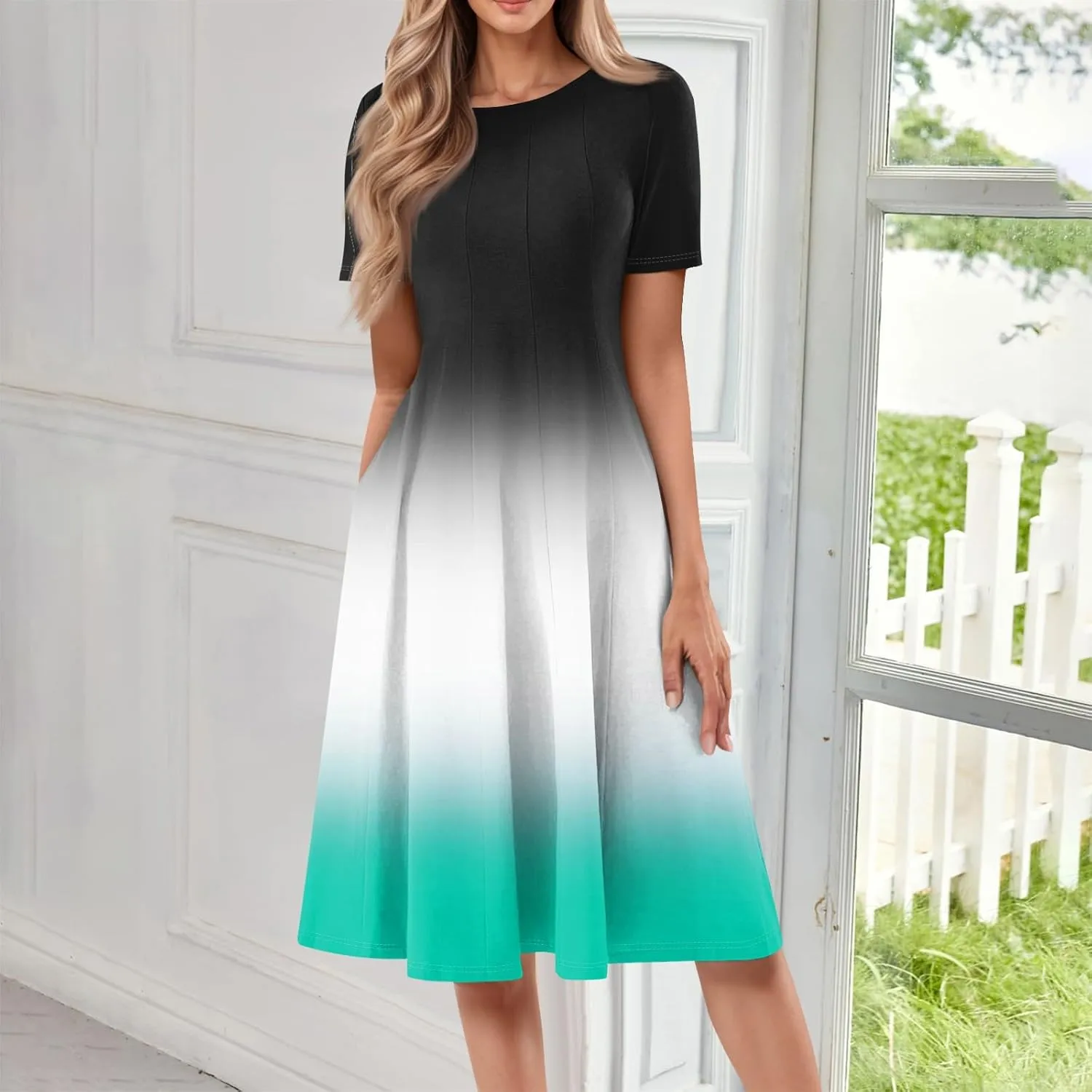 Womens Summer Midi Dress Short Sleeve Casual Plus Size A Line Elegant Formal Smocked Flowy Floral Knee Length Dress