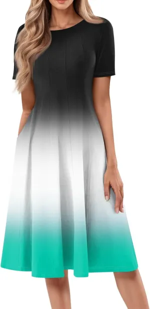 Womens Summer Midi Dress Short Sleeve Casual Plus Size A Line Elegant Formal Smocked Flowy Floral Knee Length Dress