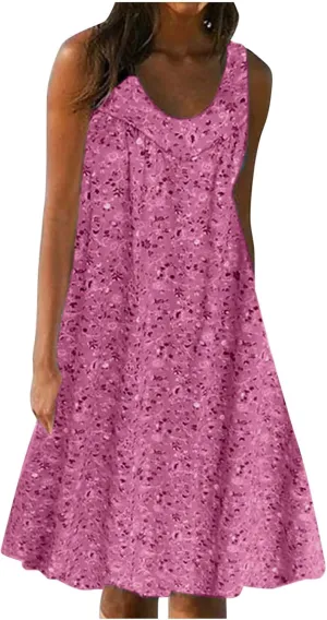 Women's Summer Mini Dress Trendy Floral Printed A Line Tank Dress Sleeveless Scoop Neck Bohemian Sundress with Pocket