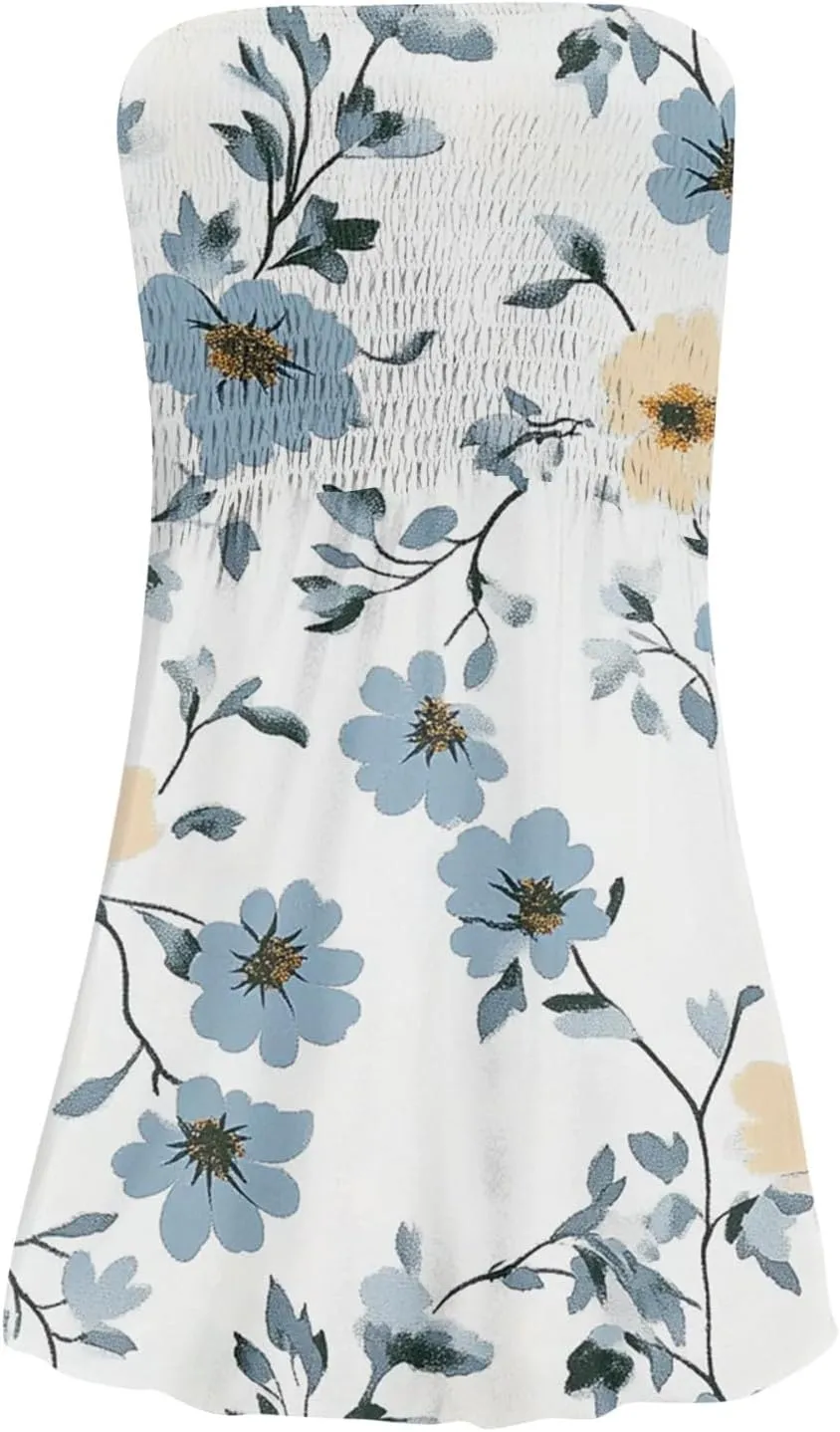 Womens Summer Sexy Strapless Tube Dresses Flowy Ruffle Boho Vivid Floral Mini Dress Backless A Line Short Sundress