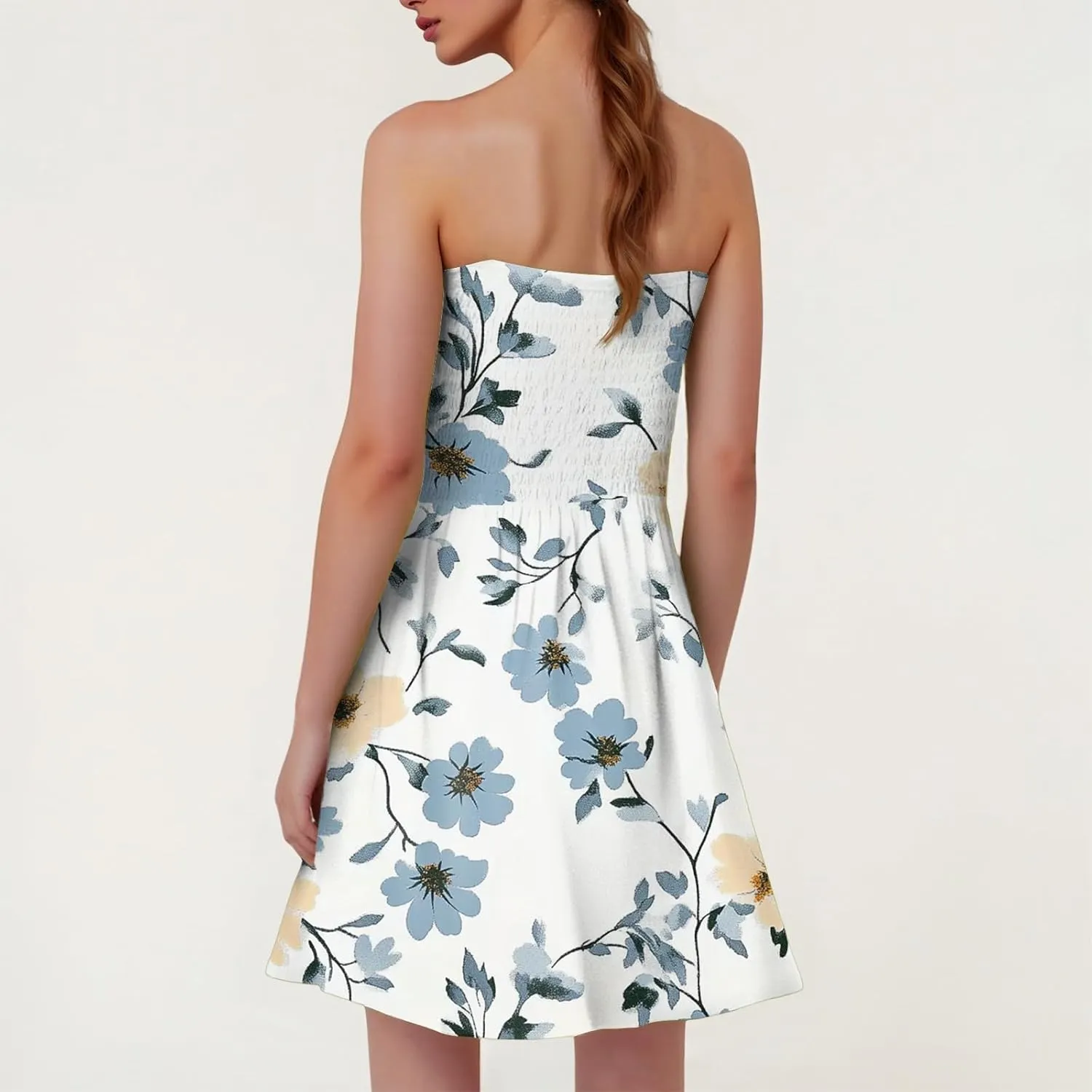Womens Summer Sexy Strapless Tube Dresses Flowy Ruffle Boho Vivid Floral Mini Dress Backless A Line Short Sundress