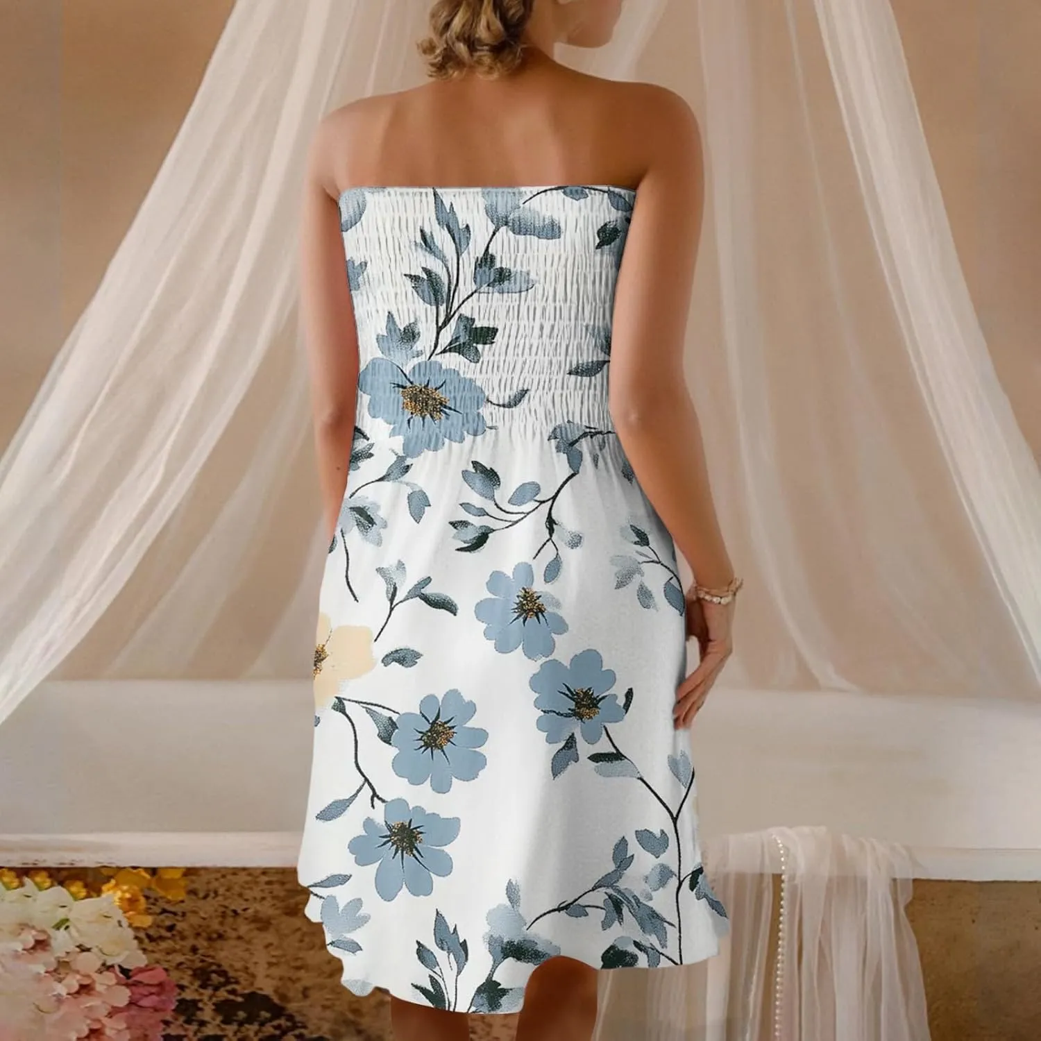 Womens Summer Sexy Strapless Tube Dresses Flowy Ruffle Boho Vivid Floral Mini Dress Backless A Line Short Sundress