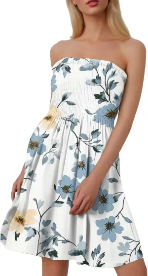 Womens Summer Sexy Strapless Tube Dresses Flowy Ruffle Boho Vivid Floral Mini Dress Backless A Line Short Sundress