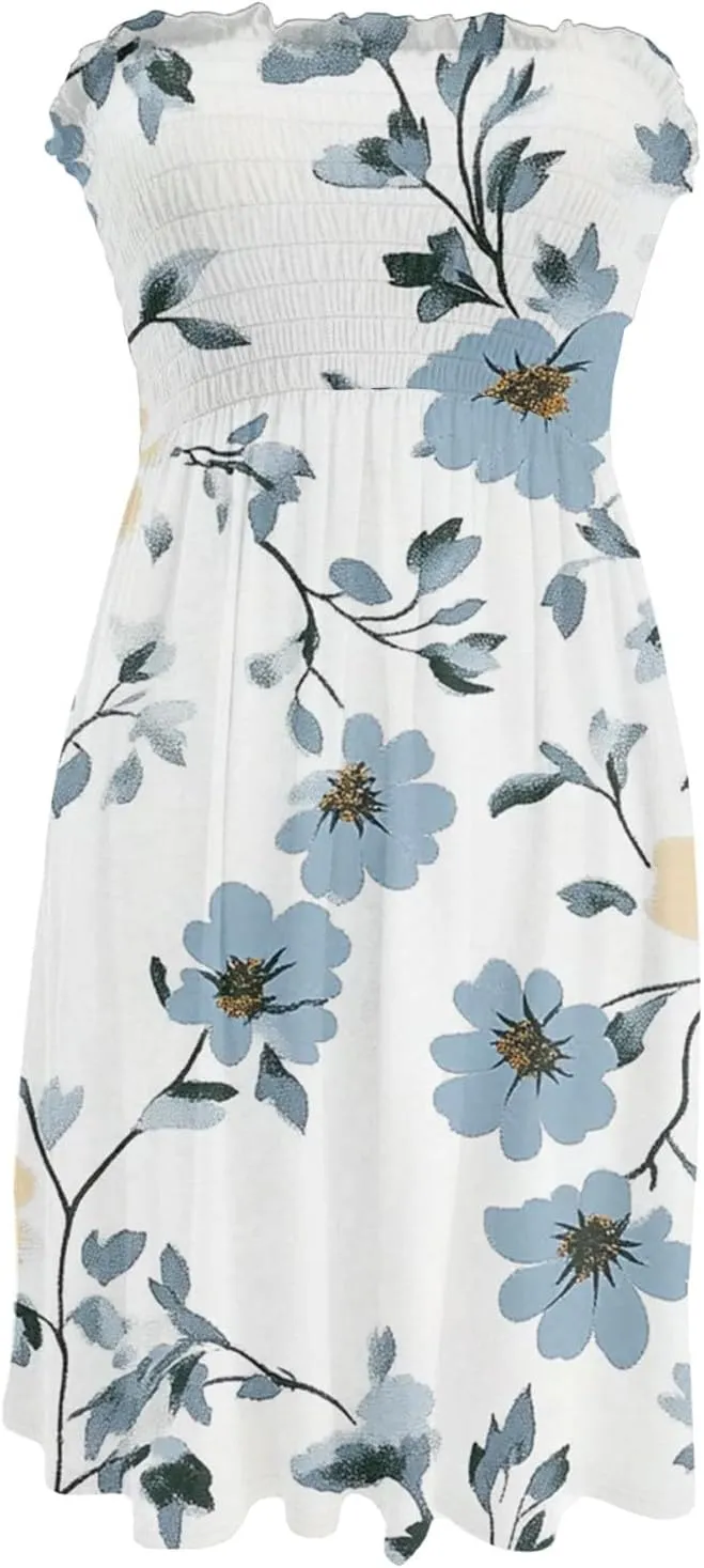 Womens Summer Sexy Strapless Tube Dresses Flowy Ruffle Boho Vivid Floral Mini Dress Backless A Line Short Sundress