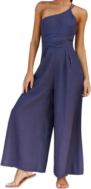 Women's Summer Straps One Shoulder Dressy Casual High Waist Wide Leg Trousers Linen Jumpsuit Beach Travel Outfits