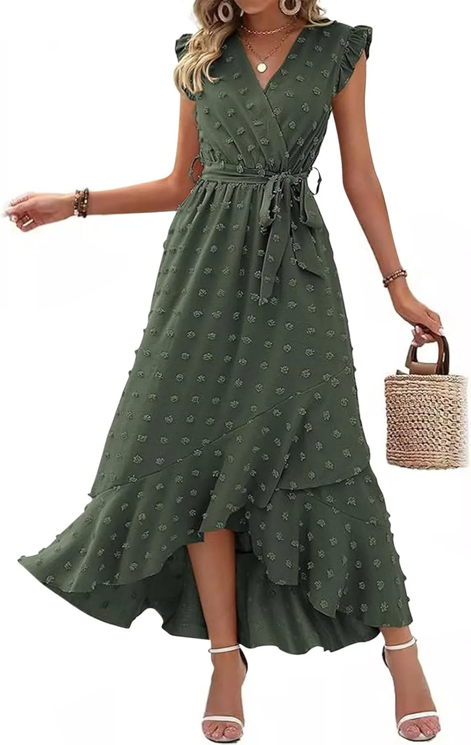 Womens Summer Wrap Maxi Dress Casual Boho V Neck Ruffle Short Sleeve Ruffle Hem Split Beach Long Dresses
