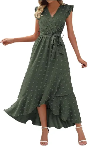 Womens Summer Wrap Maxi Dress Casual Boho V Neck Ruffle Short Sleeve Ruffle Hem Split Beach Long Dresses