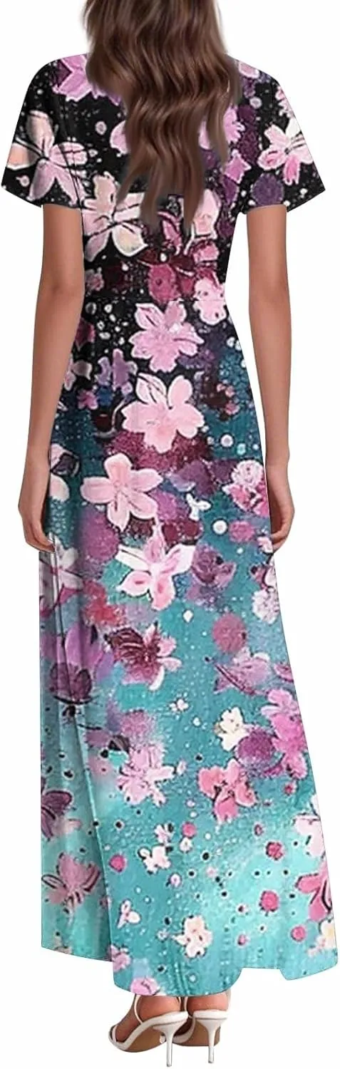 Women's Summer Wrap Maxi Dress Casual Short Sleeve Floral Boho V Neck Flowy Dresses Ruffle Beach Long Sundress Coverups