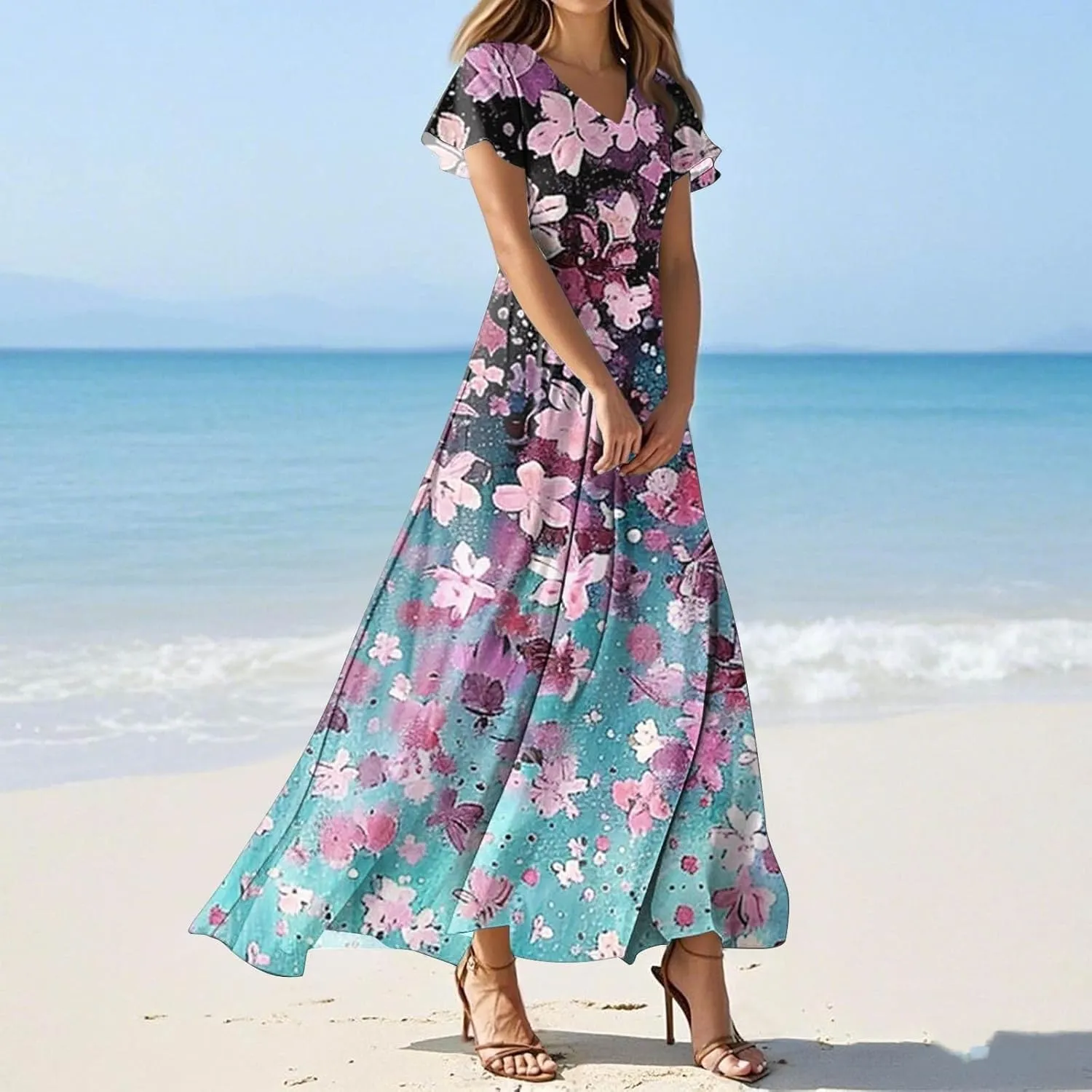 Women's Summer Wrap Maxi Dress Casual Short Sleeve Floral Boho V Neck Flowy Dresses Ruffle Beach Long Sundress Coverups