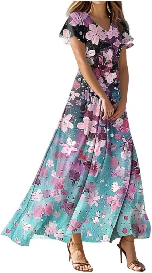 Women's Summer Wrap Maxi Dress Casual Short Sleeve Floral Boho V Neck Flowy Dresses Ruffle Beach Long Sundress Coverups