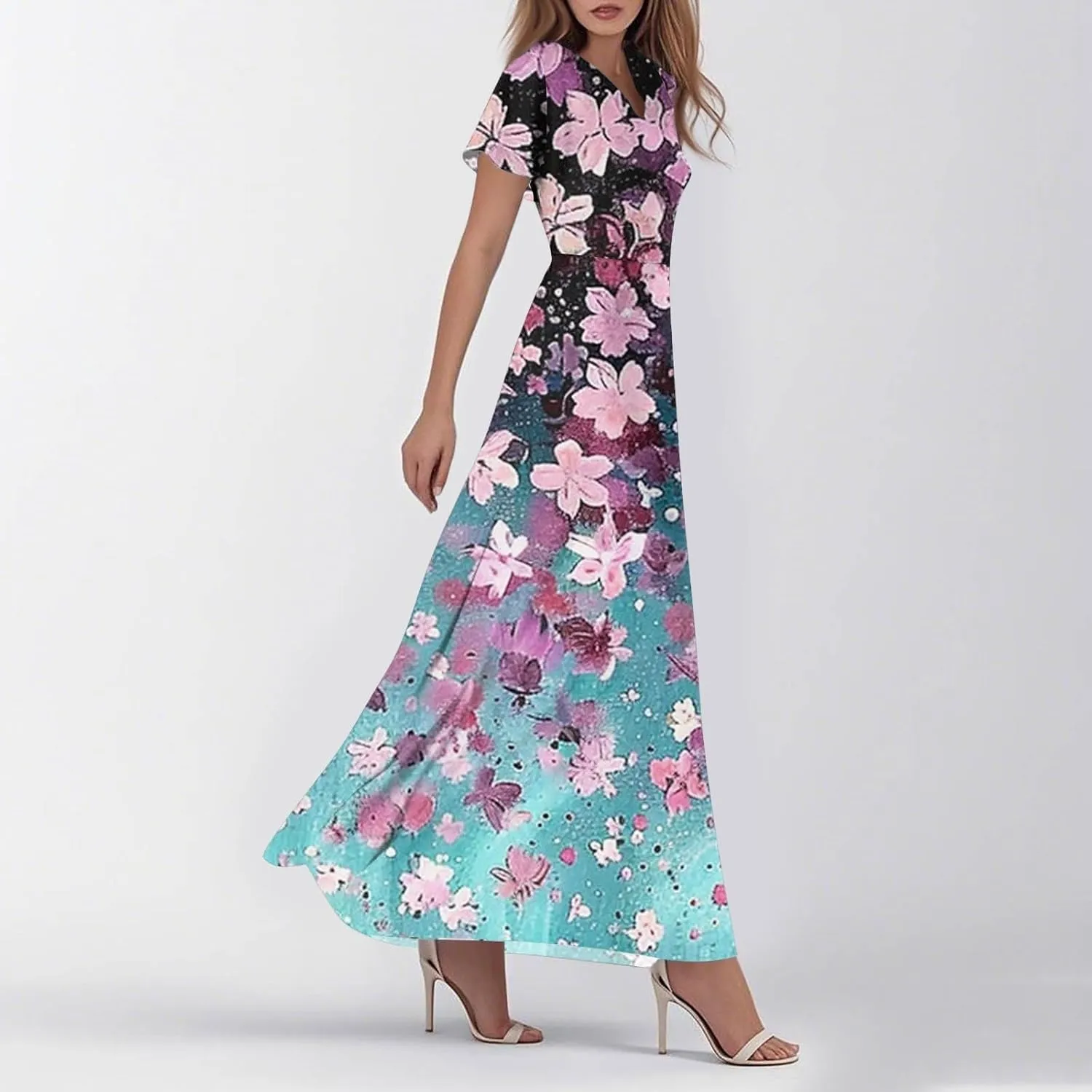 Women's Summer Wrap Maxi Dress Casual Short Sleeve Floral Boho V Neck Flowy Dresses Ruffle Beach Long Sundress Coverups