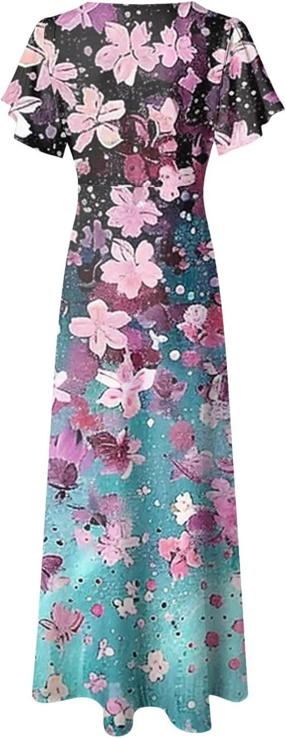 Women's Summer Wrap Maxi Dress Casual Short Sleeve Floral Boho V Neck Flowy Dresses Ruffle Beach Long Sundress Coverups