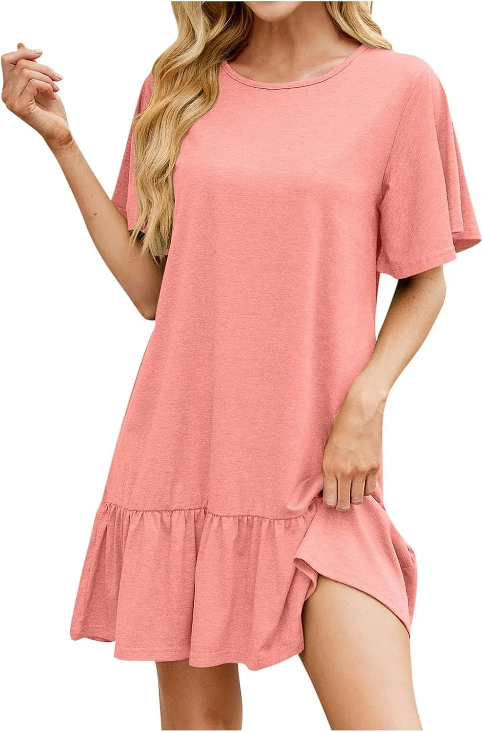 Women's T Shirt Dress Summer Casual Short Sleeve Ruffle Hem Crewneck Solid Loose Pleated Smock Mini Dresses Soft Beach Dress