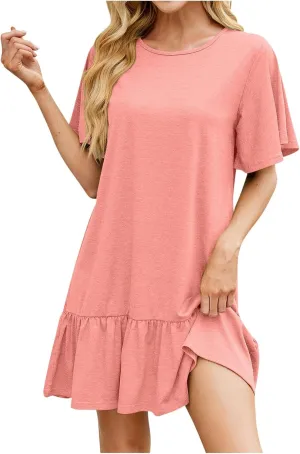 Women's T Shirt Dress Summer Casual Short Sleeve Ruffle Hem Crewneck Solid Loose Pleated Smock Mini Dresses Soft Beach Dress