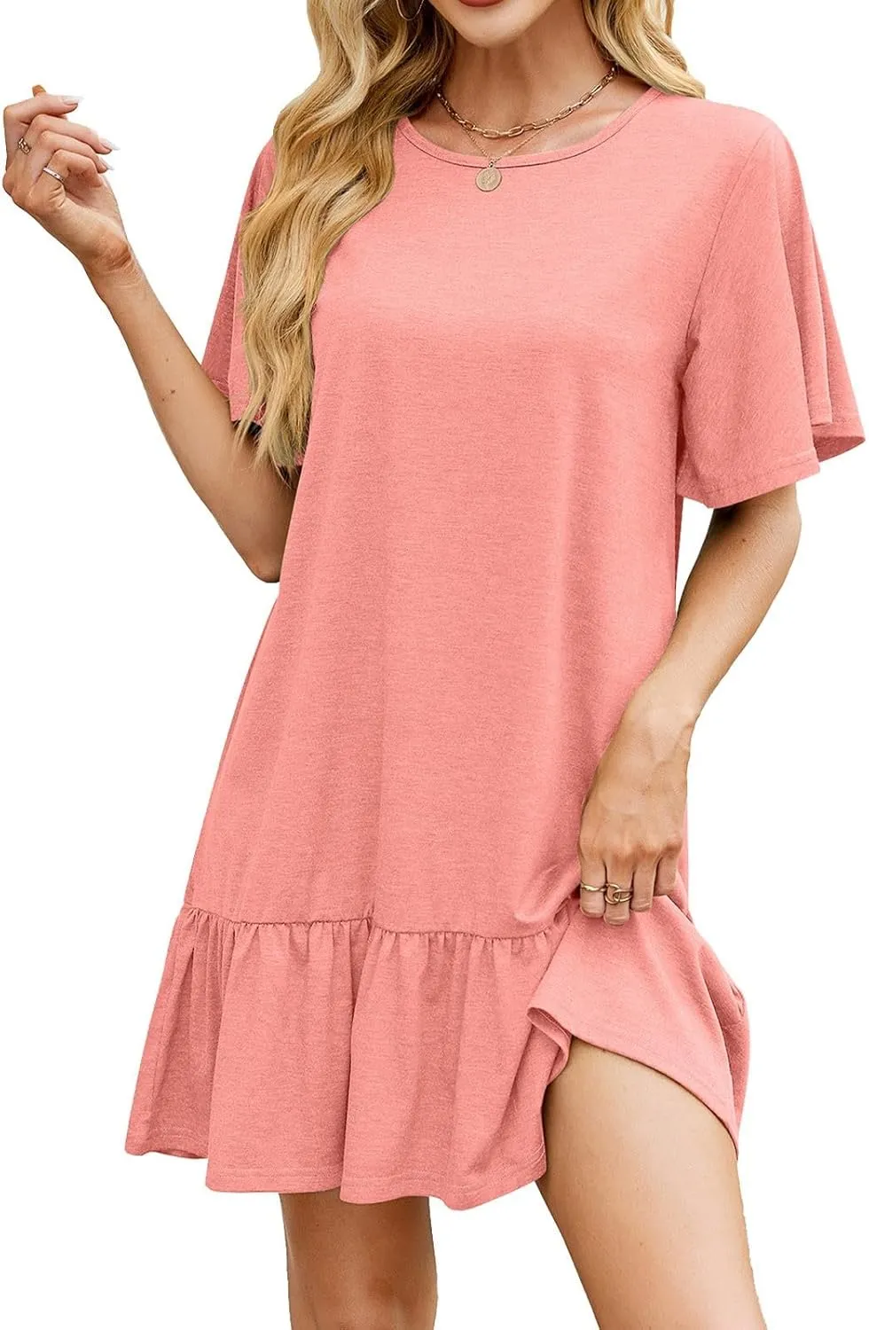 Women's T Shirt Dress Summer Casual Short Sleeve Ruffle Hem Crewneck Solid Loose Pleated Smock Mini Dresses Soft Beach Dress
