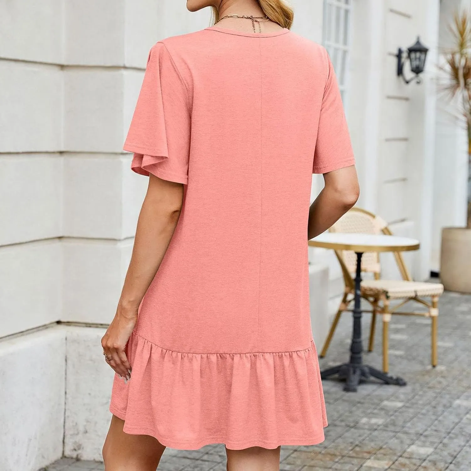 Women's T Shirt Dress Summer Casual Short Sleeve Ruffle Hem Crewneck Solid Loose Pleated Smock Mini Dresses Soft Beach Dress