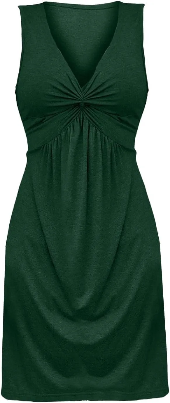Women's Twist Front V Neck Ruffle Knotted Sleeveless Tank Dress Casual Summer A Line Sundress Vacasion Outfits