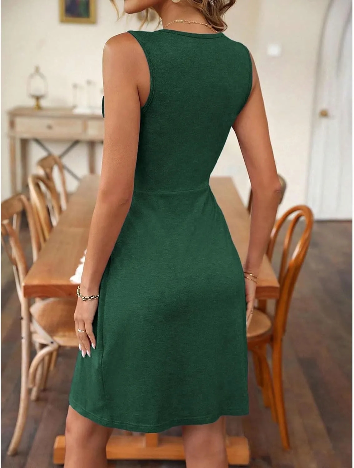 Women's Twist Front V Neck Ruffle Knotted Sleeveless Tank Dress Casual Summer A Line Sundress Vacasion Outfits